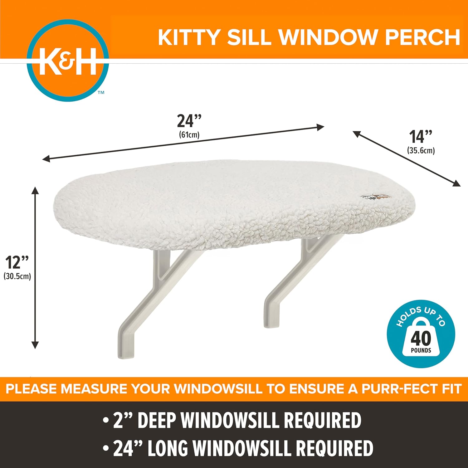 K&H Pet Products Kitty Sill Cat Window Perch for Large Cats, Orthopedic Window Hammock Bed Holds 40LBS, Washable Cover, Kitty Windowsill Bed Seat for Indoors - Cream Fleece, Unheated, 14 X 24in - Image 2