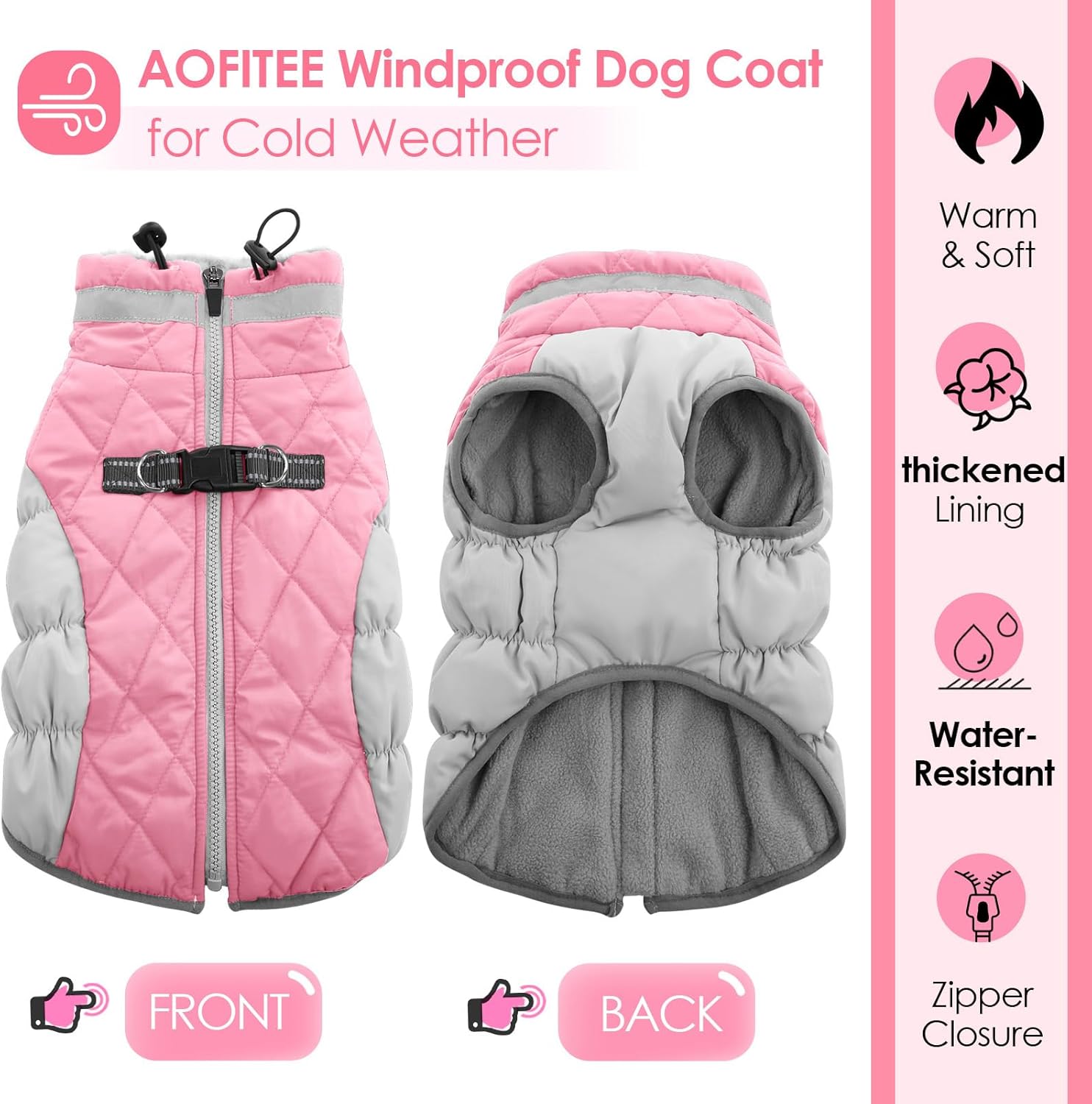 AOFITEE Dog Coat, Warm Dog Jacket, Reflective Winter Coats for Medium Dogs, Turtleneck Dogs Winter Jacket with Harness Built in, Waterproof Windproof Pet Fleece Vest Puffer Jacket, Pink M - Image 2