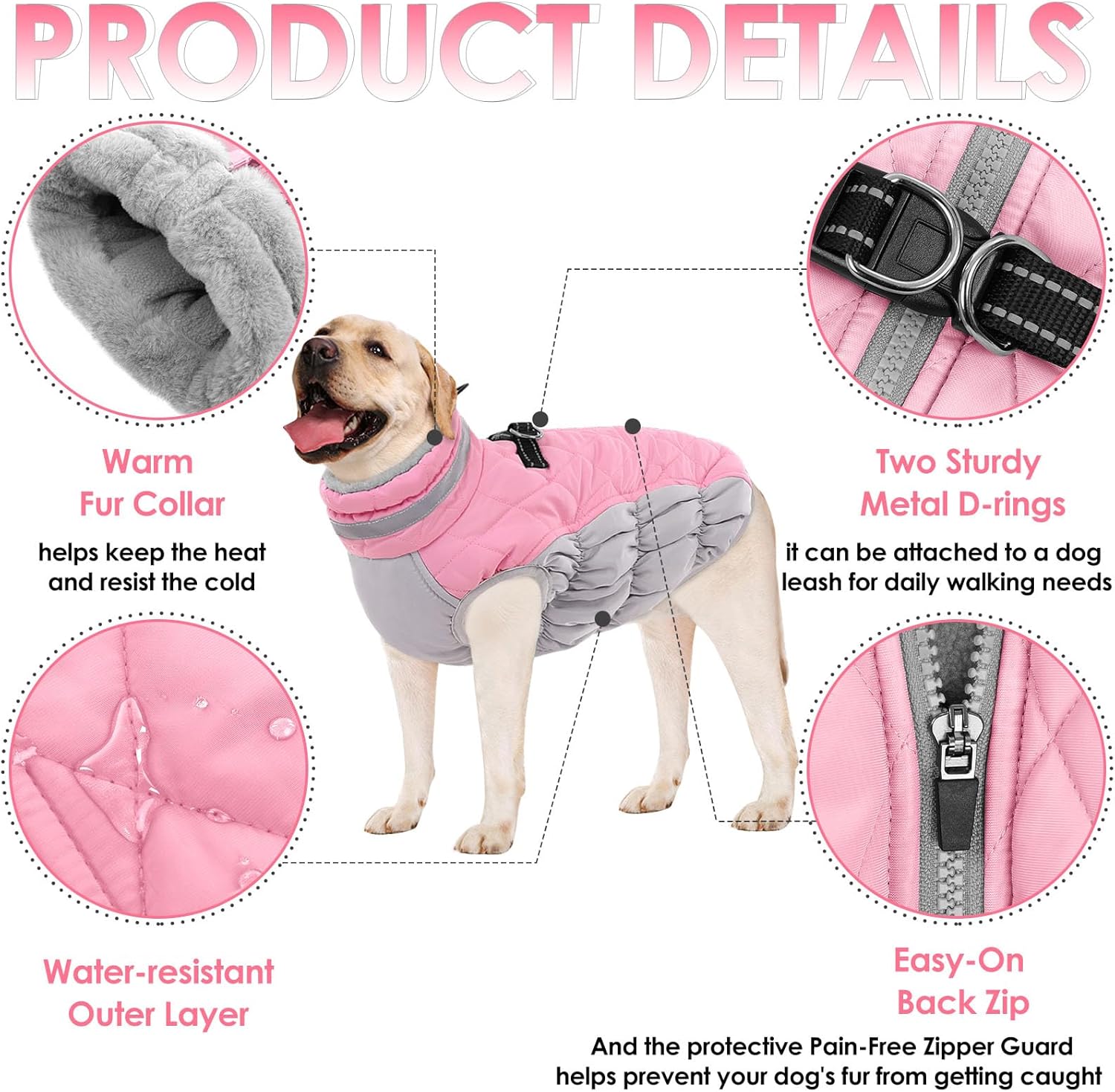 AOFITEE Dog Coat, Warm Dog Jacket, Reflective Winter Coats for Medium Dogs, Turtleneck Dogs Winter Jacket with Harness Built in, Waterproof Windproof Pet Fleece Vest Puffer Jacket, Pink M - Image 3