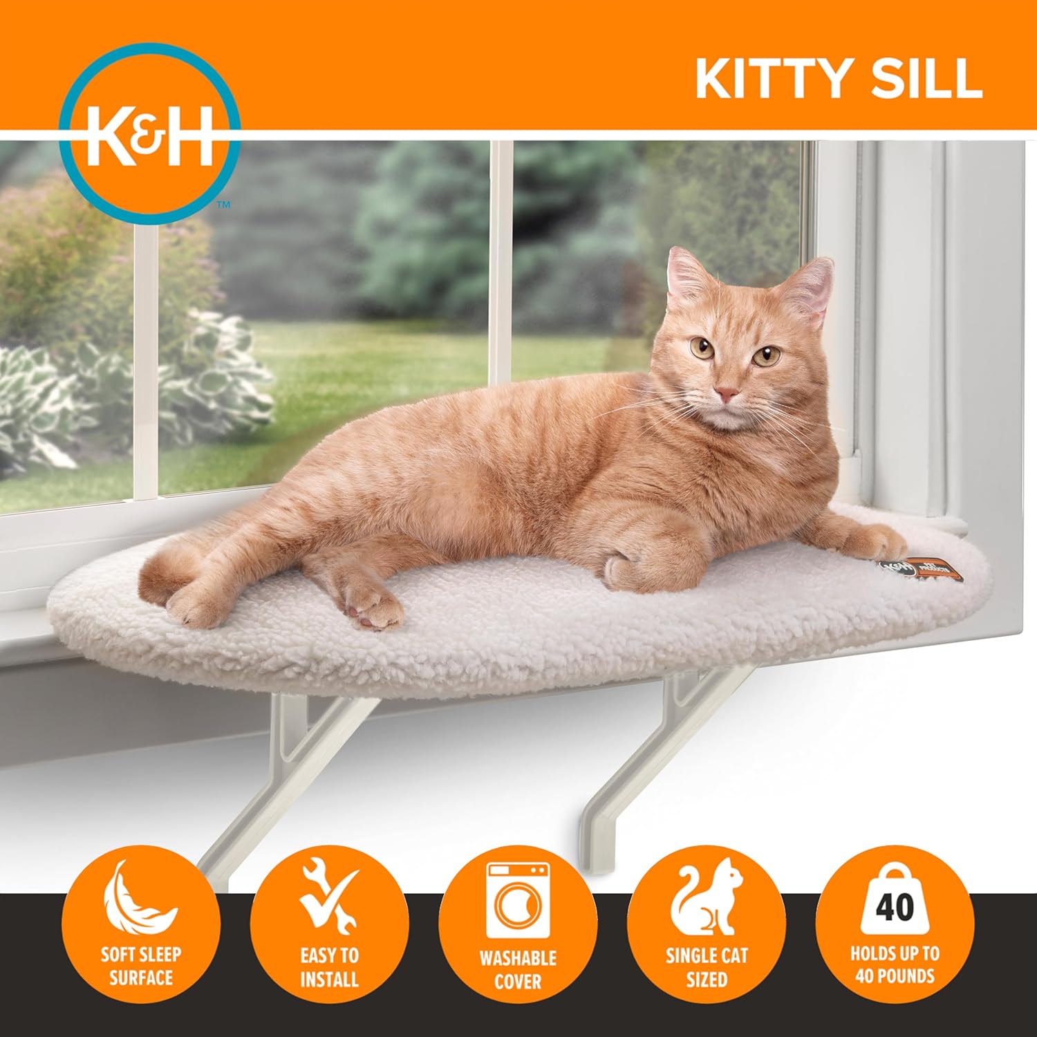 K&H Pet Products Kitty Sill Cat Window Perch for Large Cats, Orthopedic Window Hammock Bed Holds 40LBS, Washable Cover, Kitty Windowsill Bed Seat for Indoors - Cream Fleece, Unheated, 14 X 24in - Image 5
